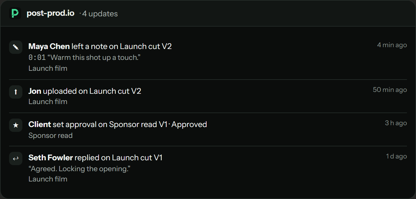 The activity card: new notes, uploads and approvals across projects
