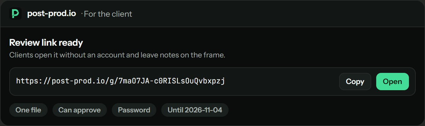 The review link card with copy and open buttons