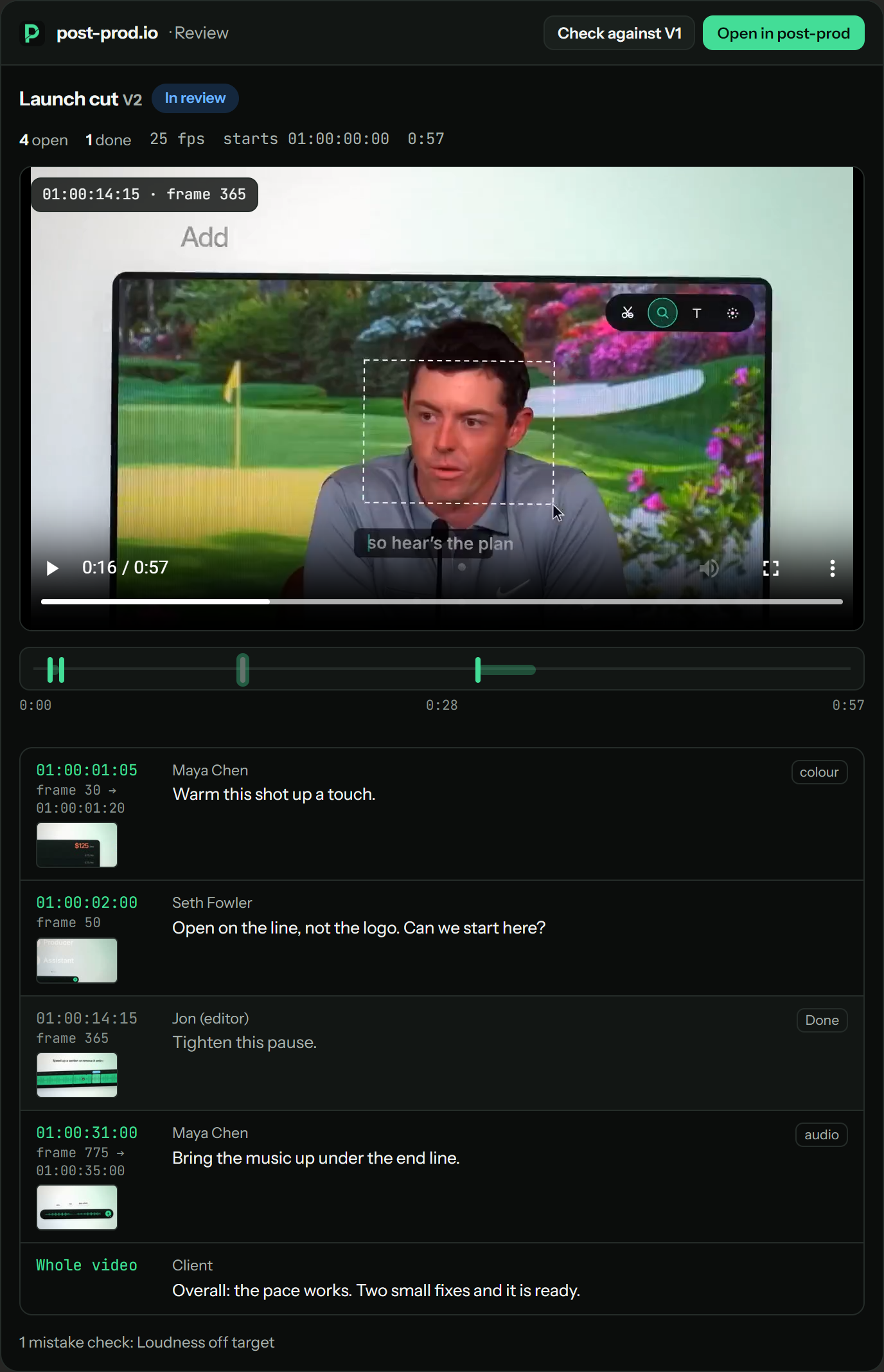 The review card in Claude: the video playing, notes on a timeline and each note with its timecode, frame and thumbnail