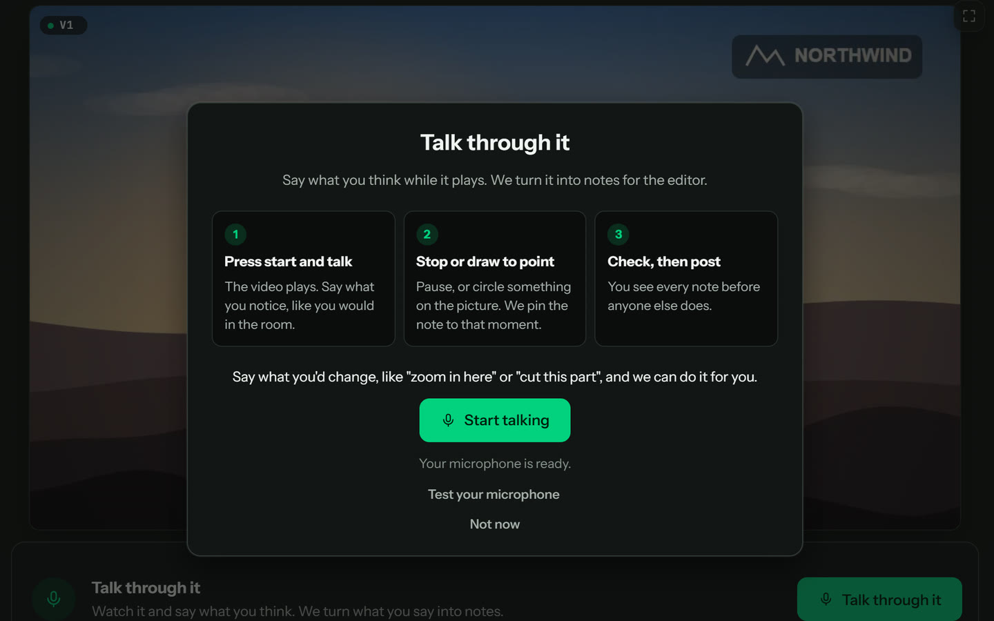 The first-time guide over the picture: press start and talk, stop or draw to point, check then post, with a Start talking button